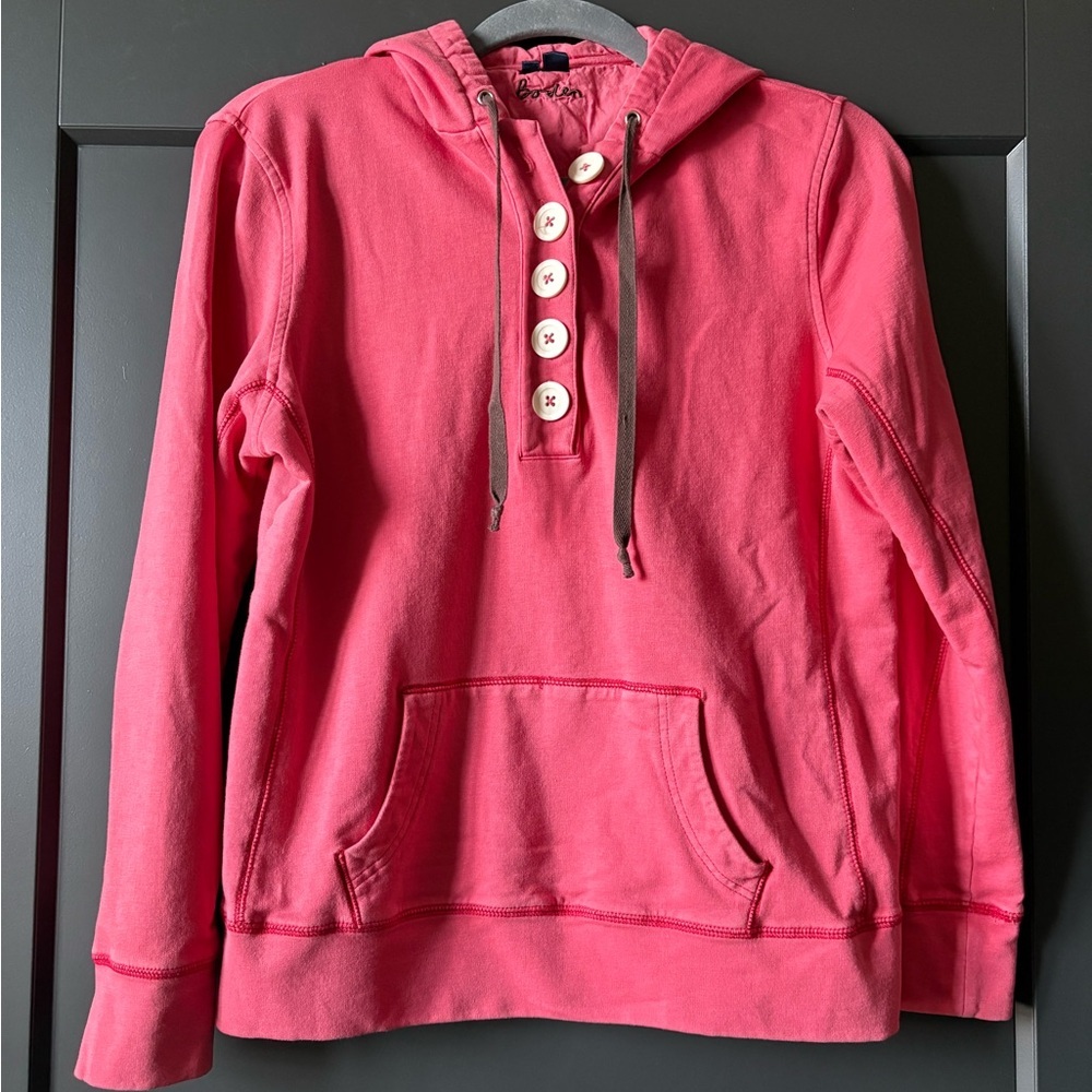 Boden Hoodie, Faded Red with Brown Cord, Large Button Detail.
